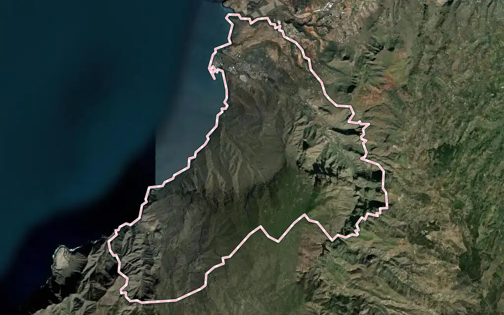 Vista satélite de Agaete con su contorno administrativo