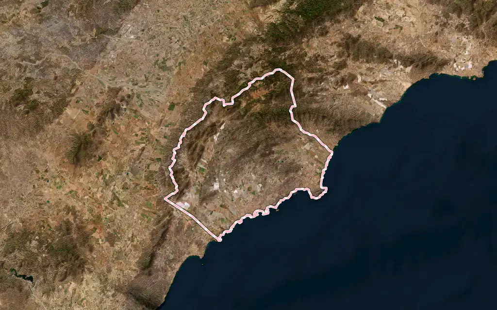 Vista satélite de Águilas con su contorno administrativo