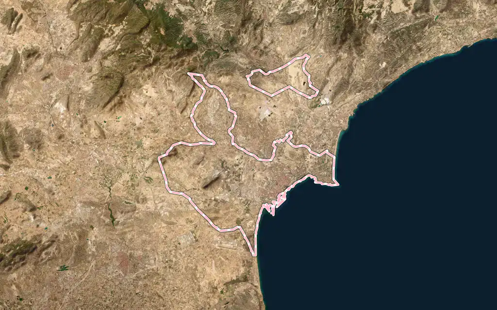 Vista satélite de Alacant / Alicante con su contorno administrativo
