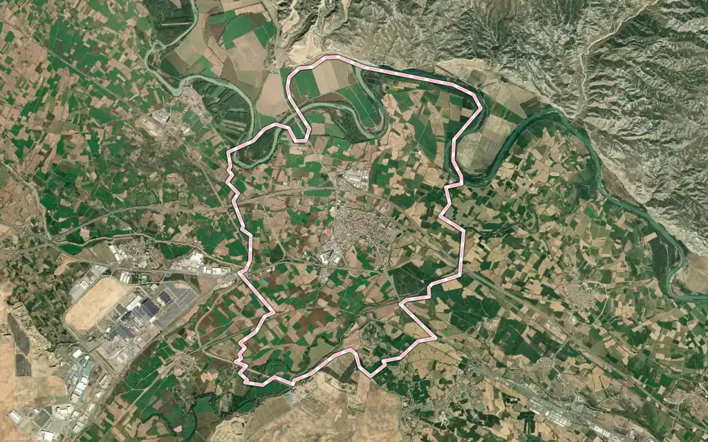 Vista satélite de Alagón con su contorno administrativo