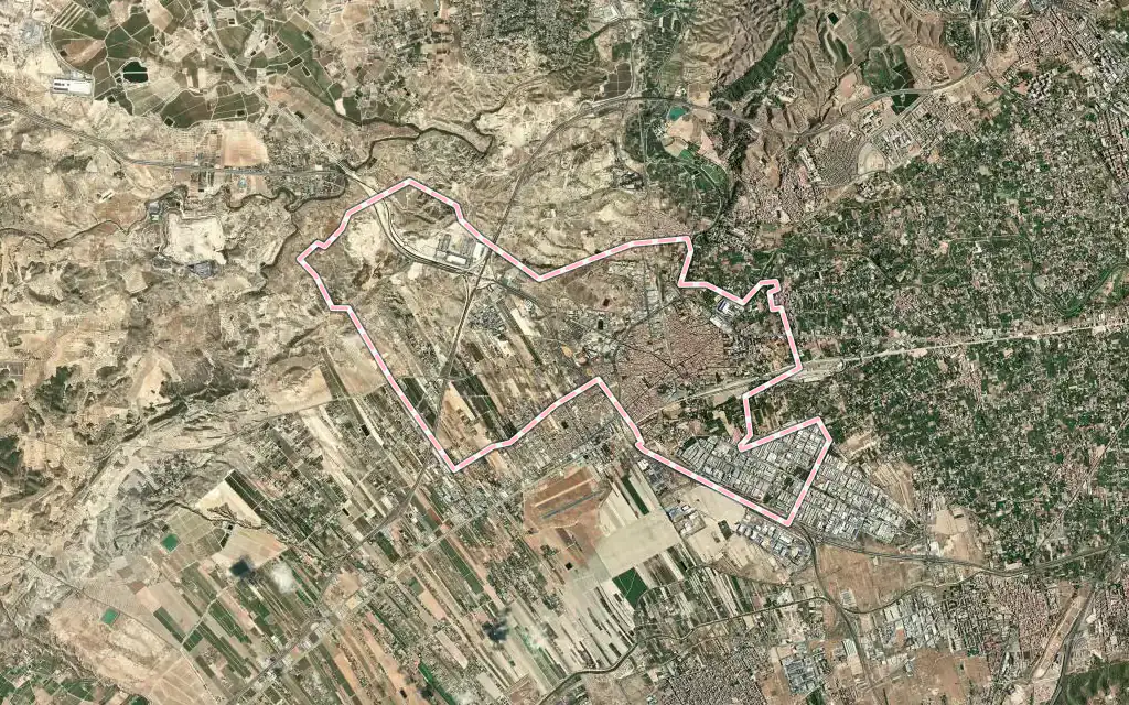 Vista satélite de Alcantarilla con su contorno administrativo
