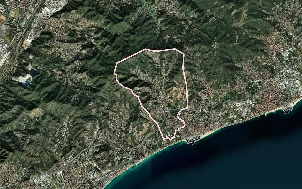 Vista satélite de Alella con su contorno administrativo