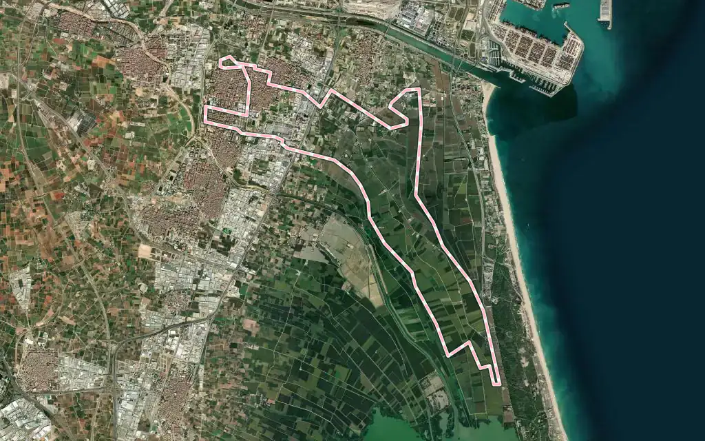 Vista satélite de Alfafar con su contorno administrativo