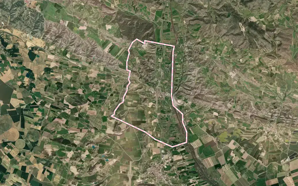 Vista satélite de Alfarràs con su contorno administrativo