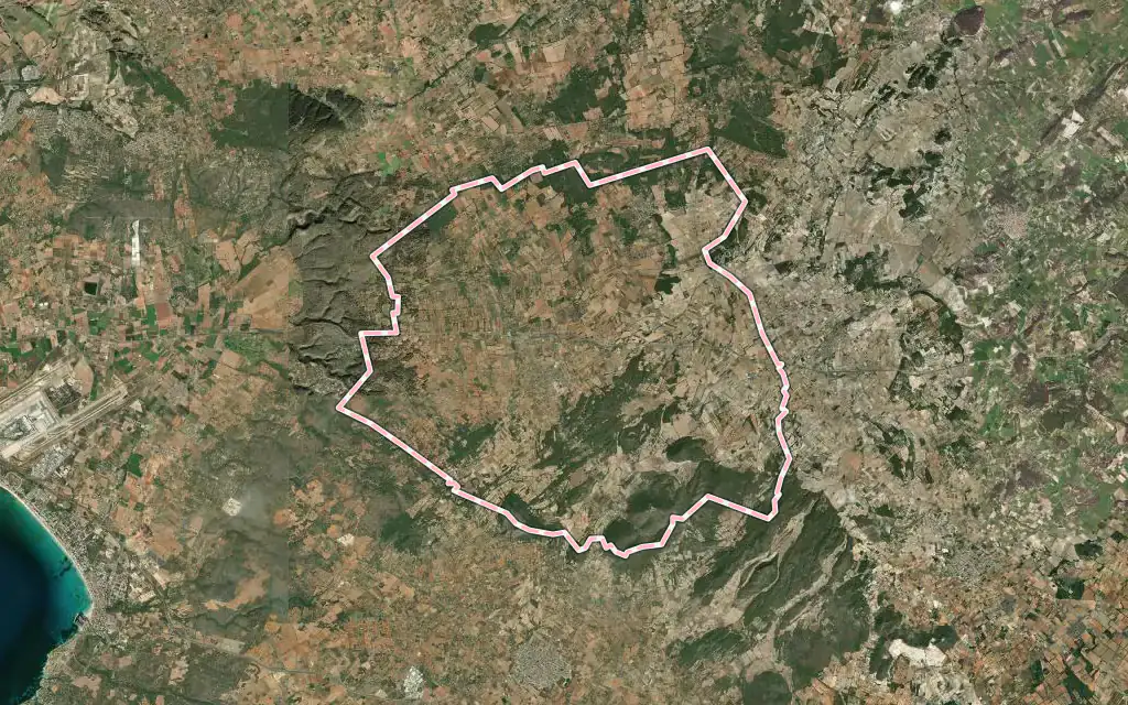 Vista satélite de Algaida con su contorno administrativo