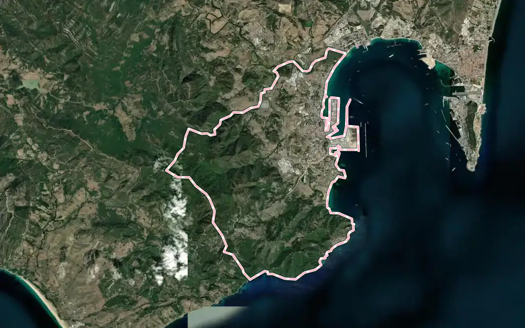 Vista satélite de Algeciras con su contorno administrativo