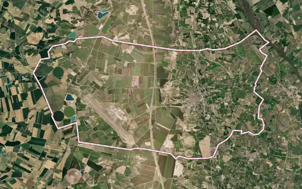 Vista satélite de Alguaire con su contorno administrativo
