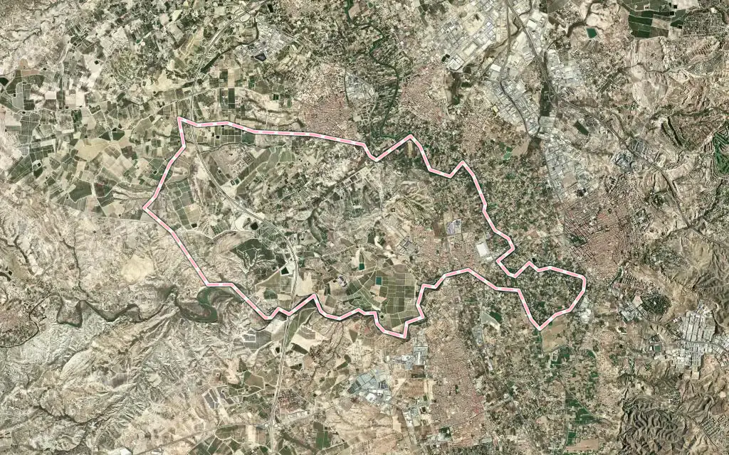 Vista satélite de Alguazas con su contorno administrativo