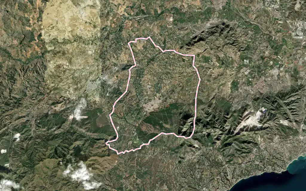 Vista satélite de Alhaurín el Grande con su contorno administrativo