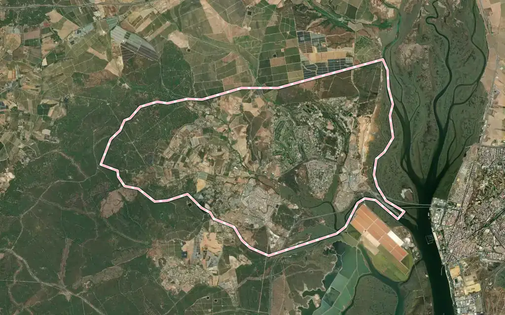 Vista satélite de Aljaraque con su contorno administrativo