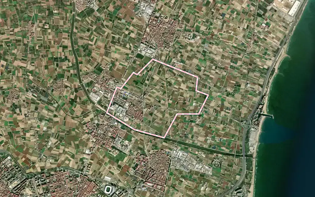 Vista satélite de Almàssera con su contorno administrativo