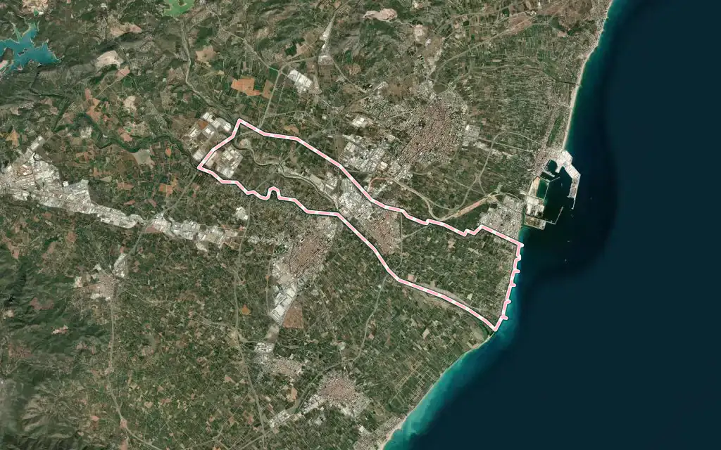 Vista satélite de Almassora con su contorno administrativo