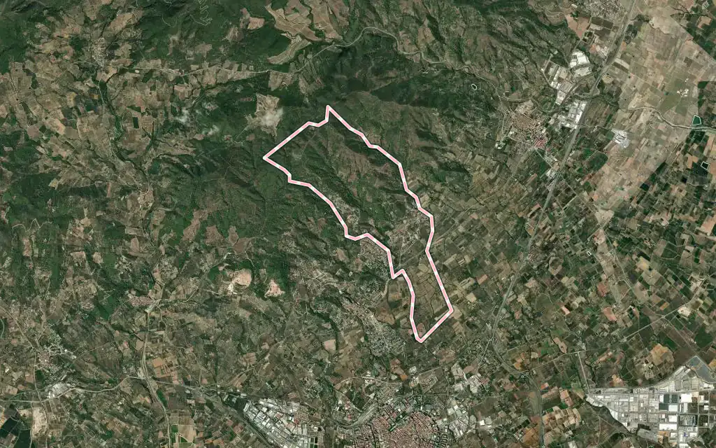 Vista satélite de Almoster con su contorno administrativo