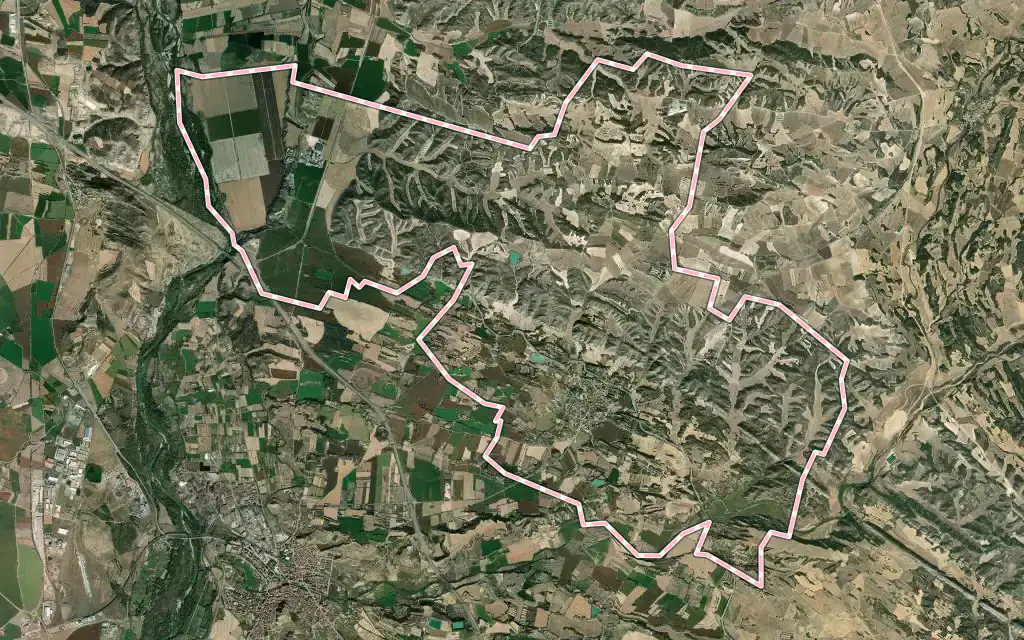 Vista satélite de Almunia de San Juan con su contorno administrativo