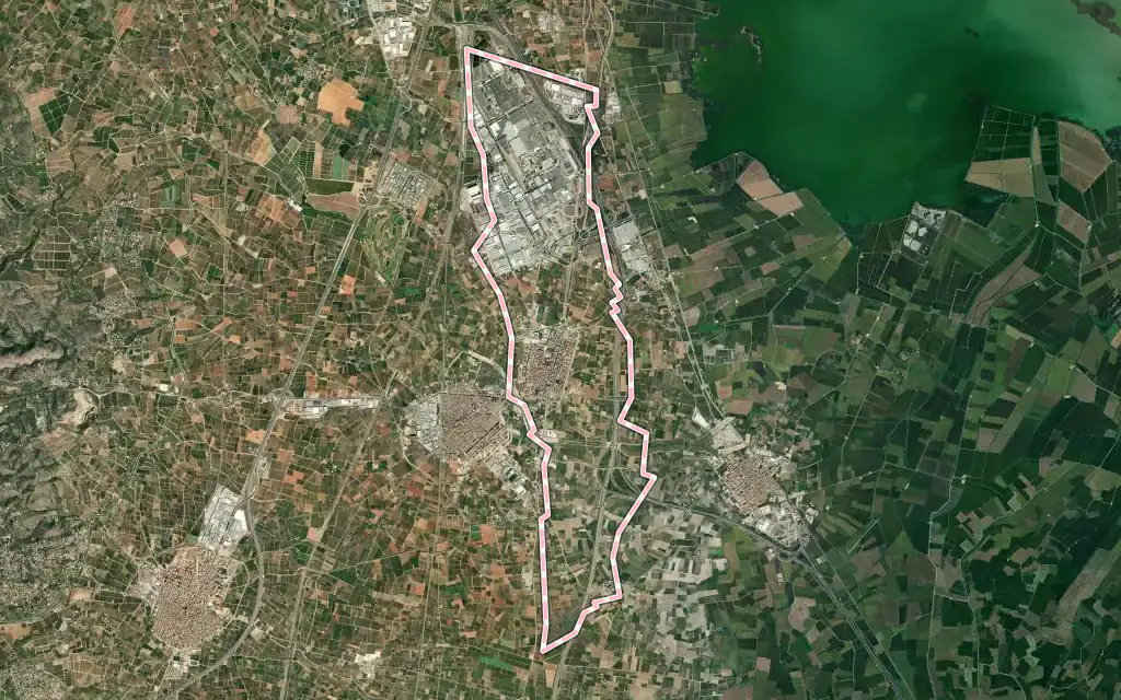 Vista satélite de Almussafes con su contorno administrativo