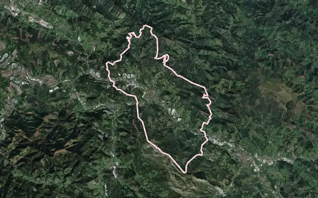 Vista satélite de Amorebieta-Etxano con su contorno administrativo