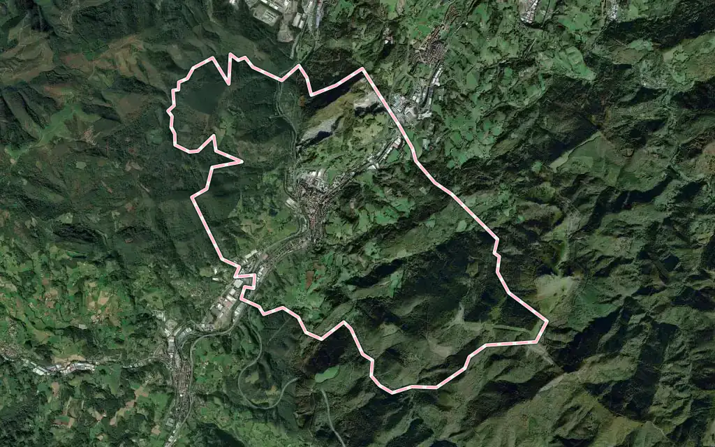 Vista satélite de Andoaín con su contorno administrativo