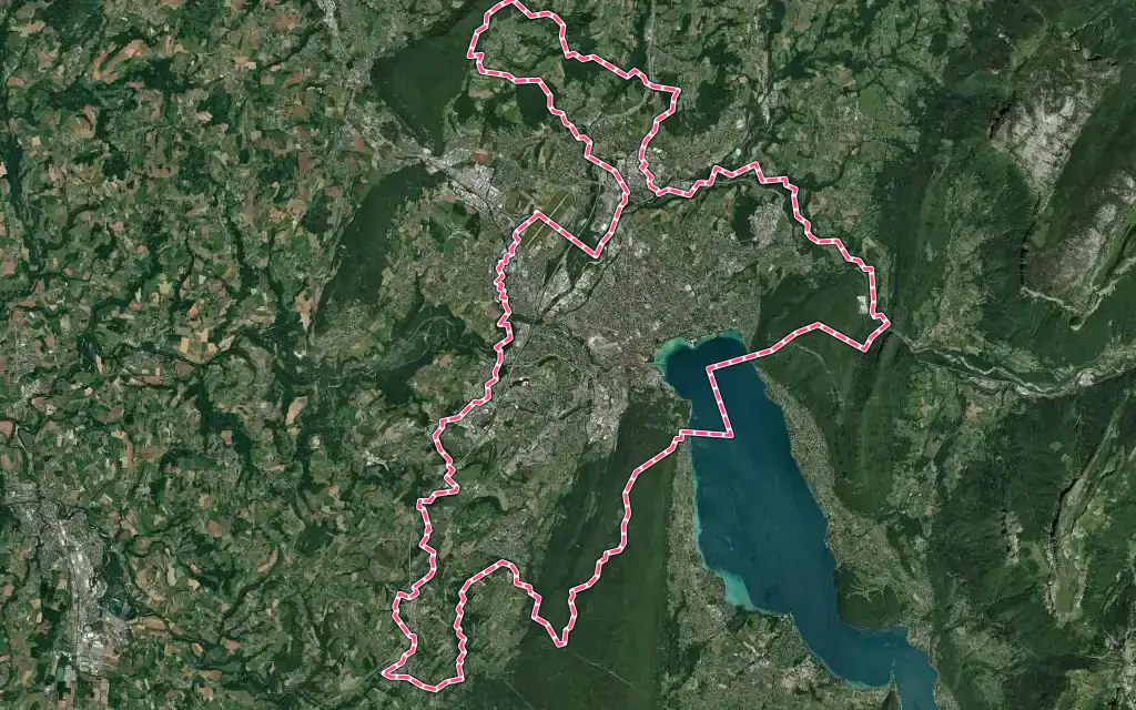 Vue satellite de Annecy avec ses contours administratifs