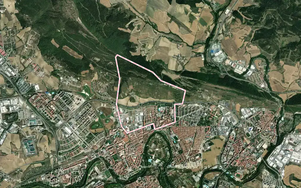 Vista satélite de Ansoáin / Antsoain con su contorno administrativo