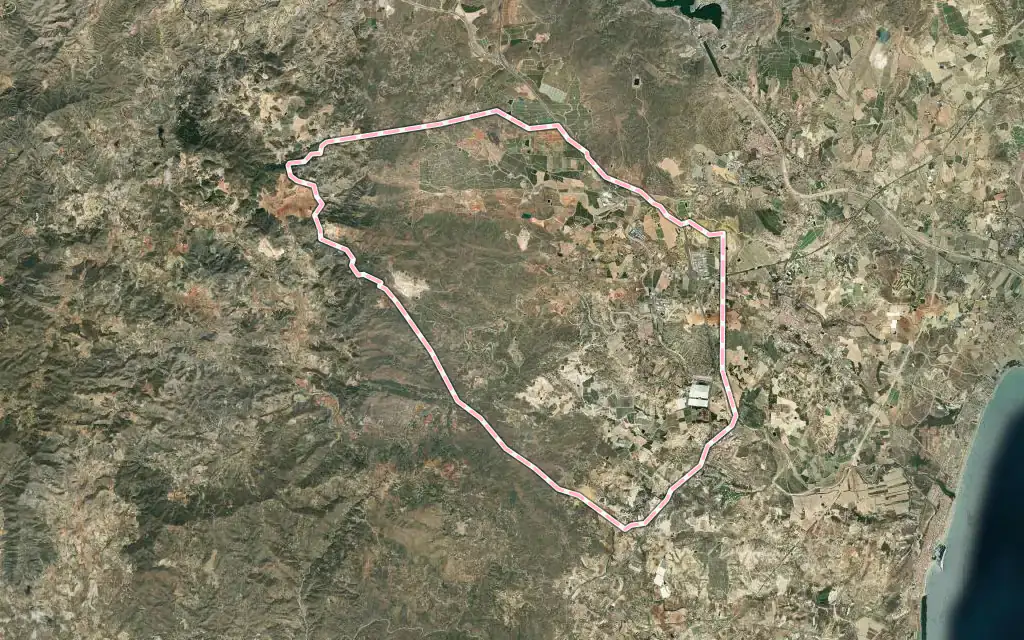Vista satélite de Antas con su contorno administrativo