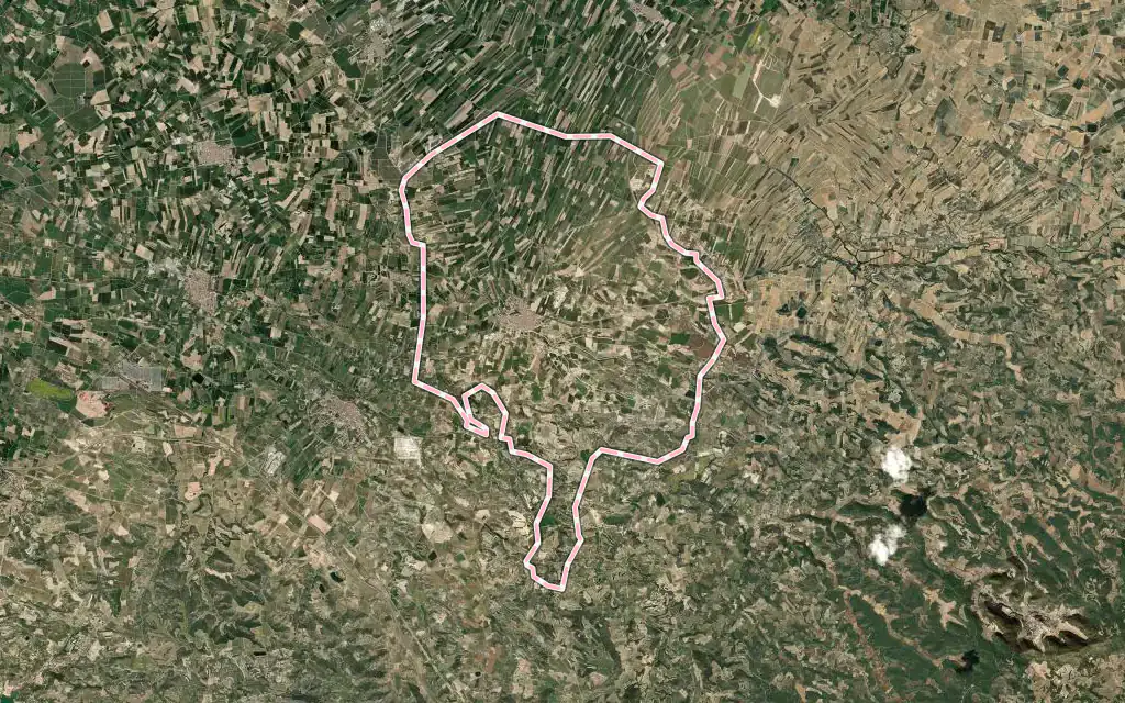 Vista satélite de Arbeca con su contorno administrativo