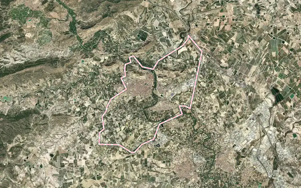 Vista satélite de Archena con su contorno administrativo