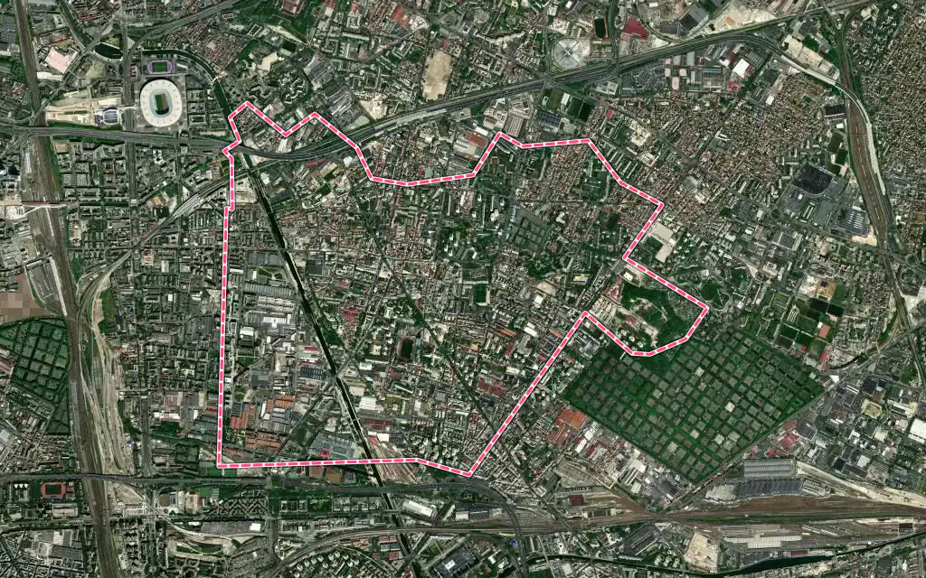 Vue satellite de Aubervilliers avec ses contours administratifs