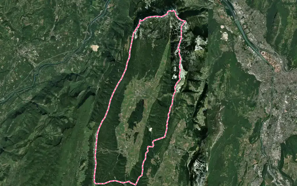 Vue satellite de Autrans-Méaudre en Vercors avec ses contours administratifs