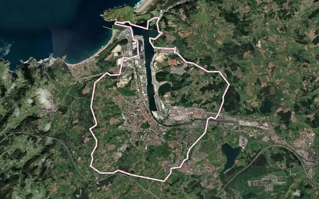 Vista satélite de Avilés con su contorno administrativo