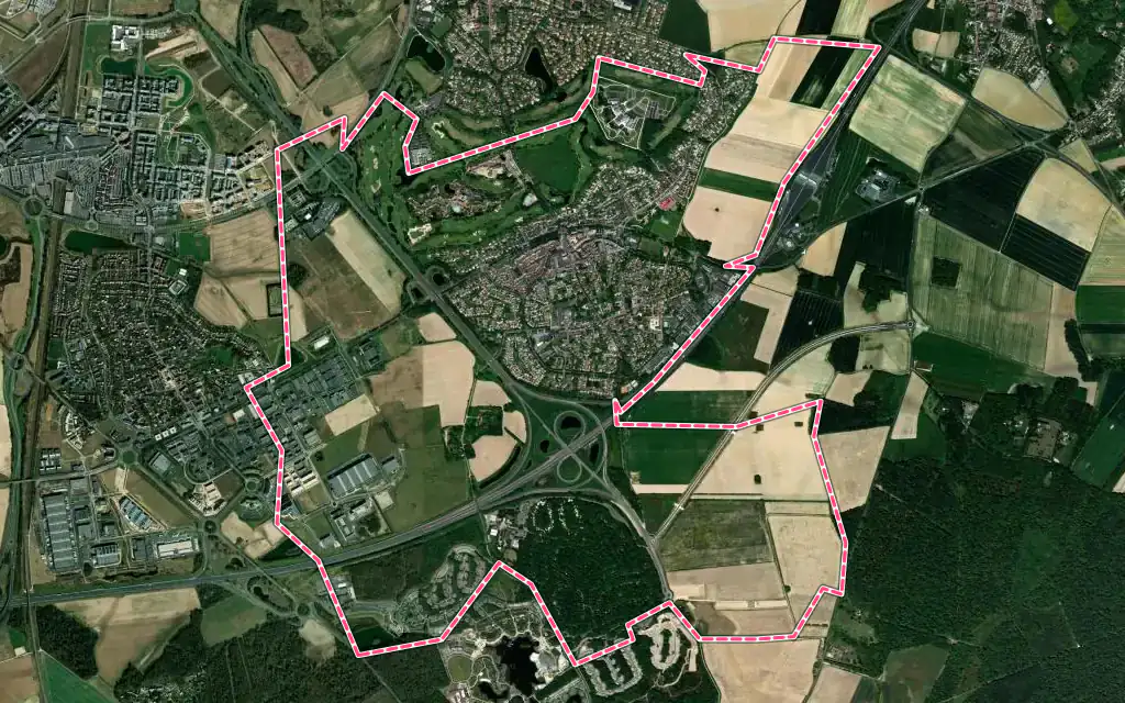 Vue satellite de Bailly-Romainvilliers avec ses contours administratifs