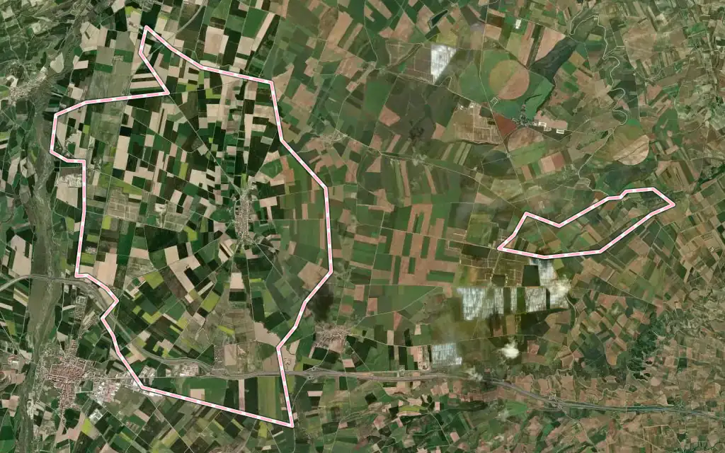 Vista satélite de Bañares con su contorno administrativo