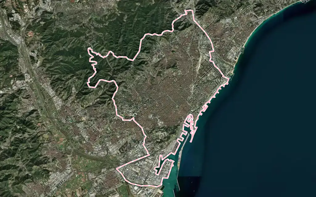 Vista satélite de Barcelona con su contorno administrativo