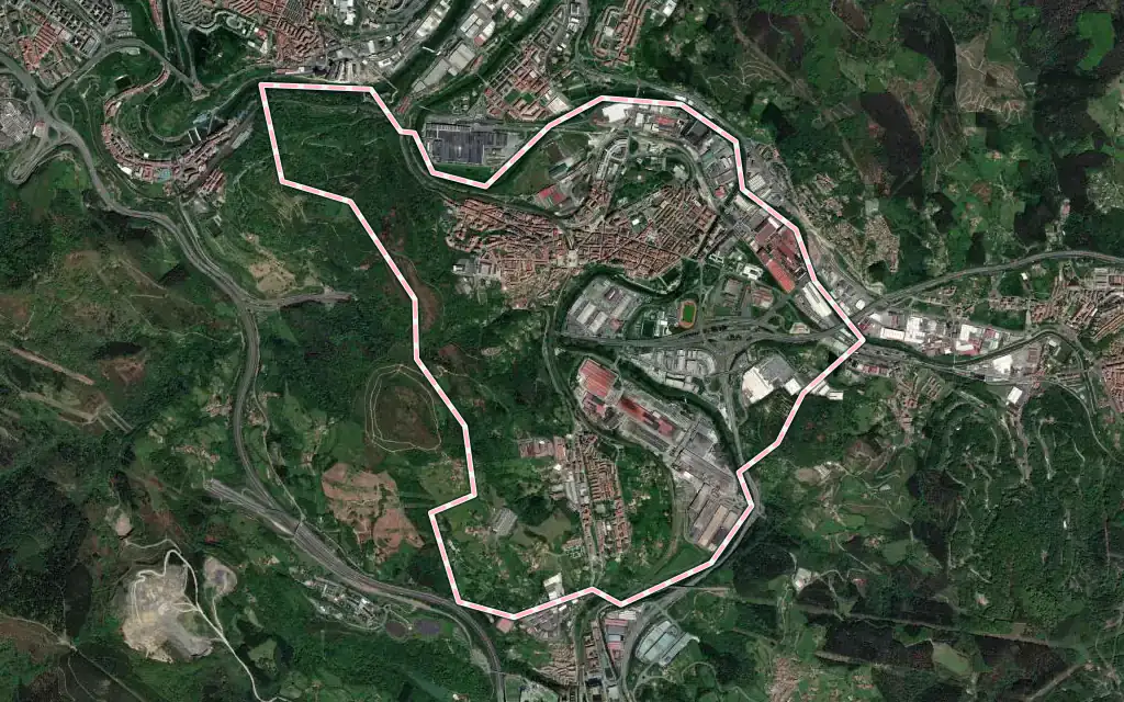 Vista satélite de Basauri con su contorno administrativo