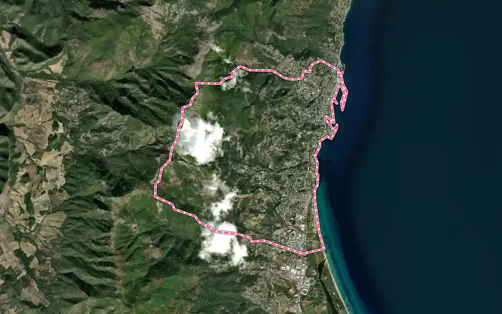 Vue satellite de Bastia avec ses contours administratifs