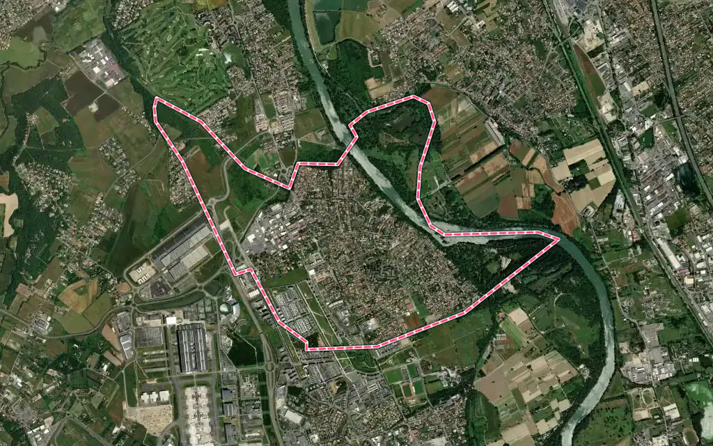 Vue satellite de Beauzelle avec ses contours administratifs