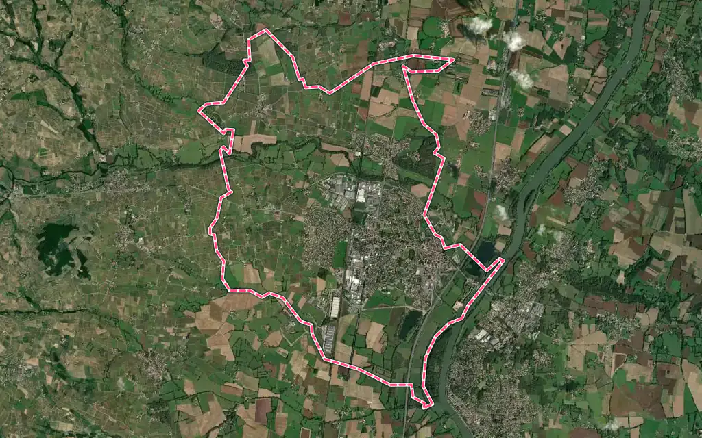 Vue satellite de Belleville-en-Beaujolais avec ses contours administratifs