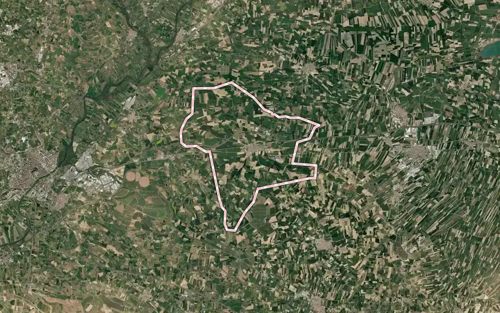 Vista satélite de Bell-lloc d'Urgell con su contorno administrativo