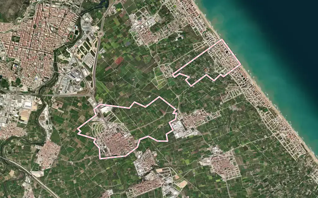 Vista satélite de Bellreguard con su contorno administrativo