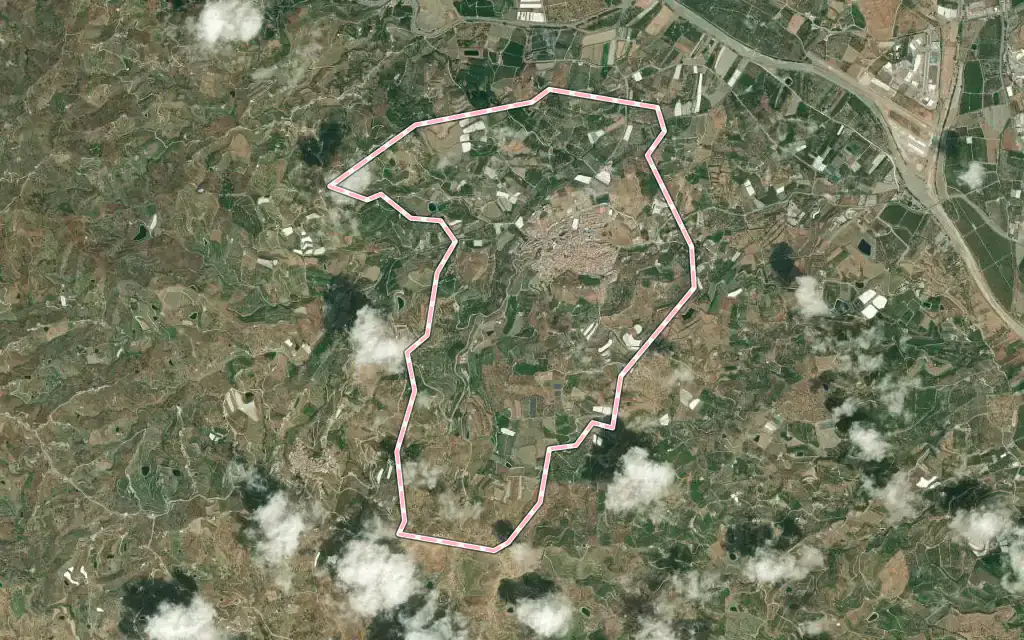 Vista satélite de Benamocarra con su contorno administrativo