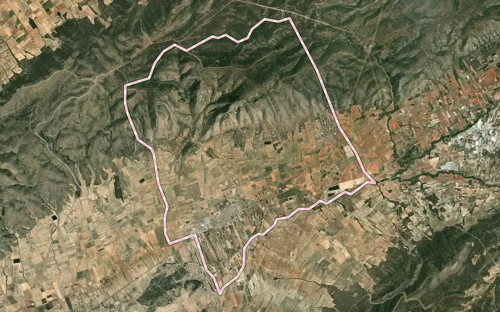 Vista satélite de Beneixama con su contorno administrativo