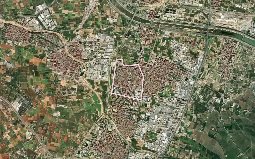 Vista satélite de Benetússer con su contorno administrativo