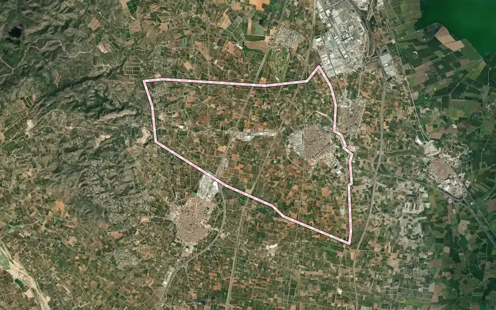 Vista satélite de Benifaió con su contorno administrativo
