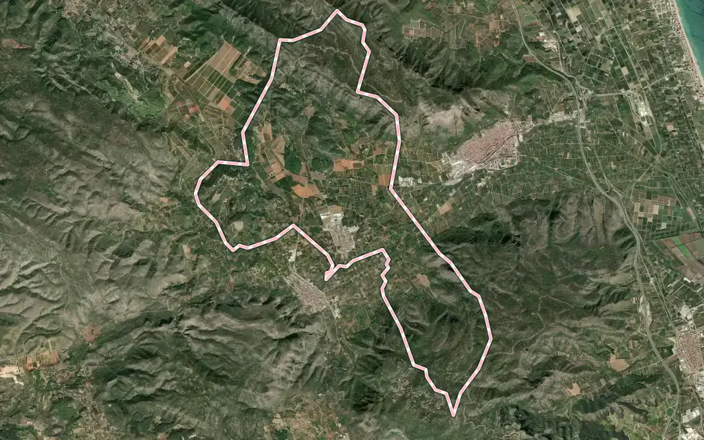 Vista satélite de Benifairó de la Valldigna con su contorno administrativo