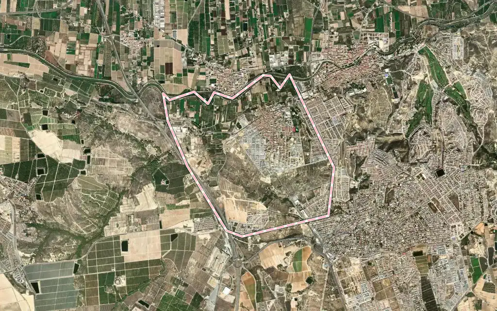 Vista satélite de Benijófar con su contorno administrativo