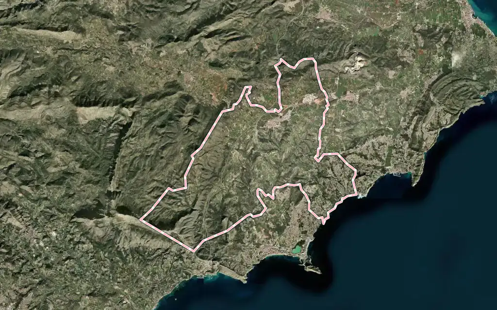 Vista satélite de Benissa con su contorno administrativo