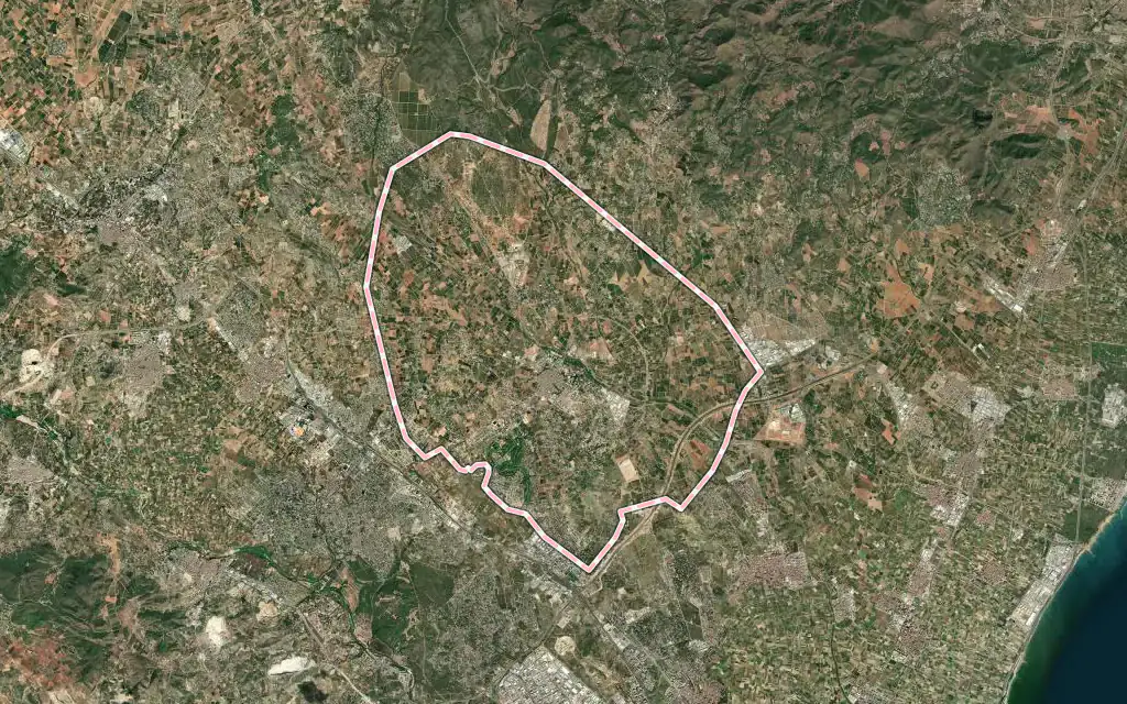 Vista satélite de Bétera con su contorno administrativo