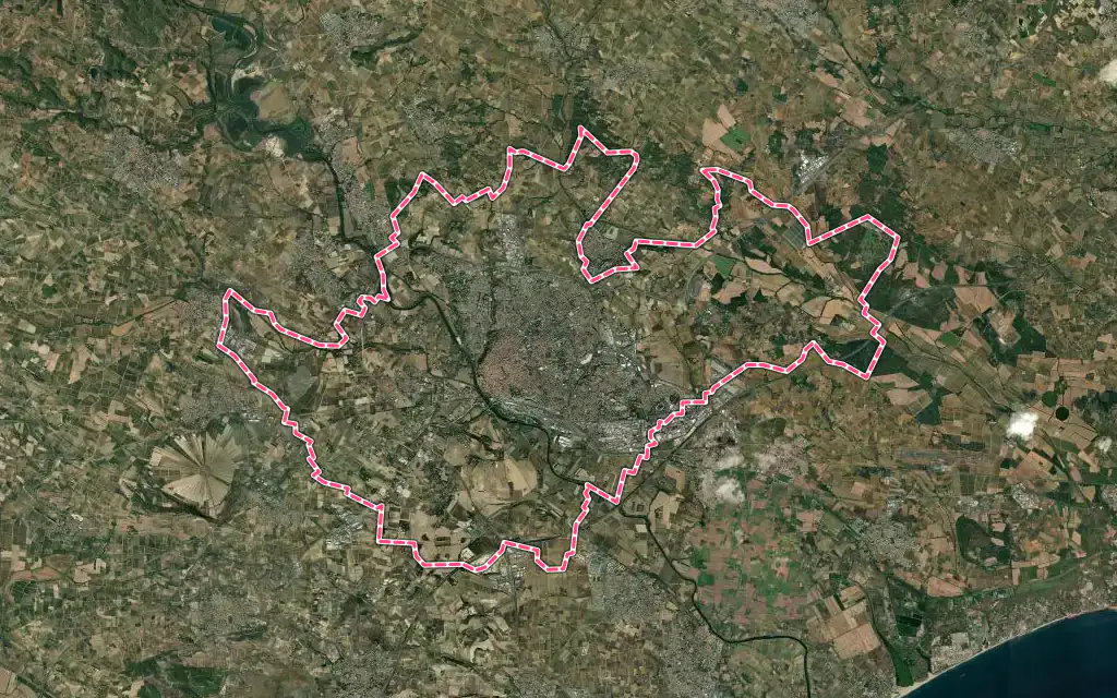 Vue satellite de Béziers avec ses contours administratifs