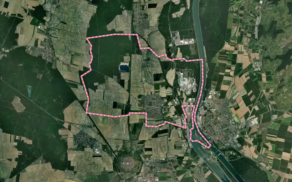 Vue satellite de Biesheim avec ses contours administratifs