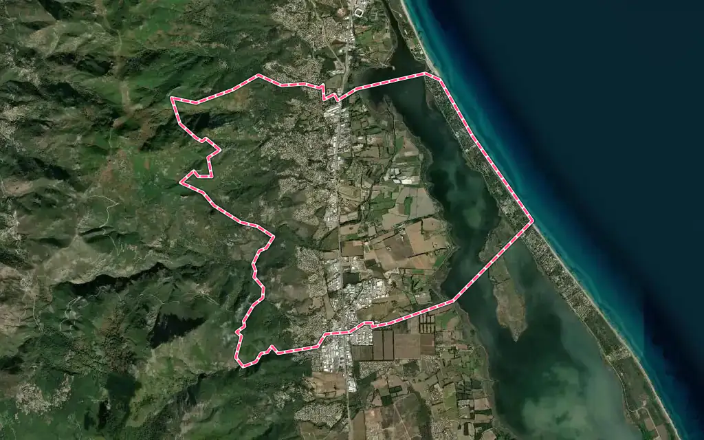 Vue satellite de Biguglia avec ses contours administratifs