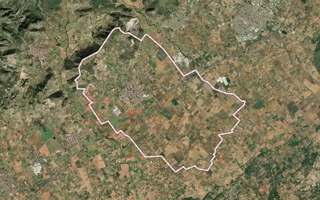 Vista satélite de Binissalem con su contorno administrativo